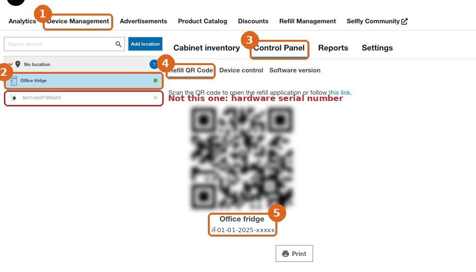 The fridge code under the QR code in Selfly Cloud