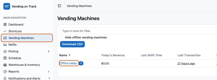 Vending Machines list in Vending on Track